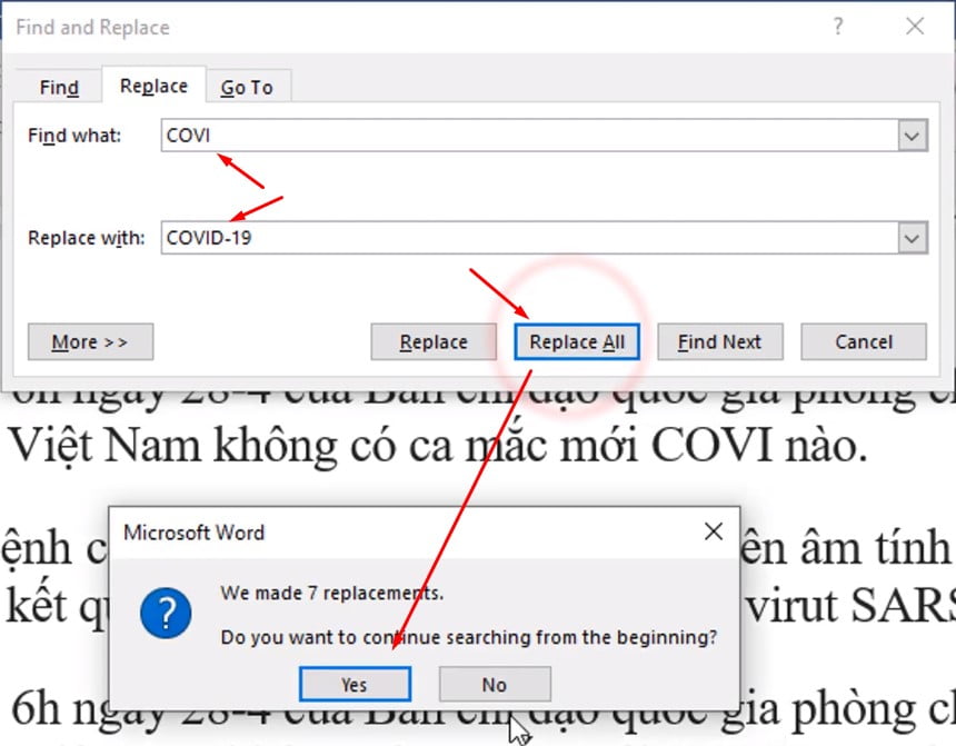 Khi bạn nhấn Yes khi đó toàn bộ từ khóa thay thế của bạn đã được thay thế trong Word